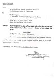 हरियाणा के सरकारी कॉलेजों में कार्यरत एक्सटेंशन और गेस्ट लेक्चरर्स को लेकर उच्चतर शिक्षा विभाग ने जारी किया अति-आवश्यक आदेश